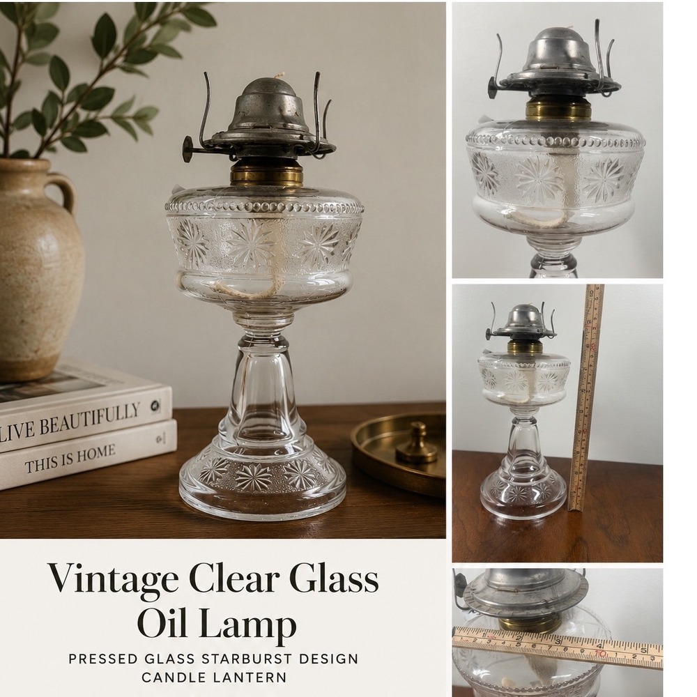 Eagle Oil Lamp Clear‎ Glass Starburst Pedestal Vintage 9" Decor Missing Chimney